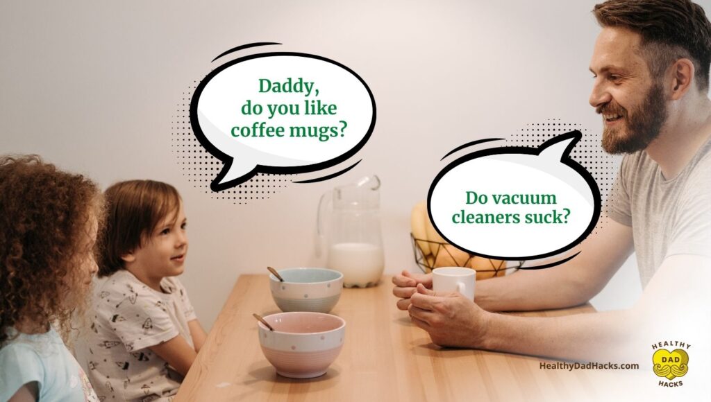 Dad and kids conversation about buying a coffee mug