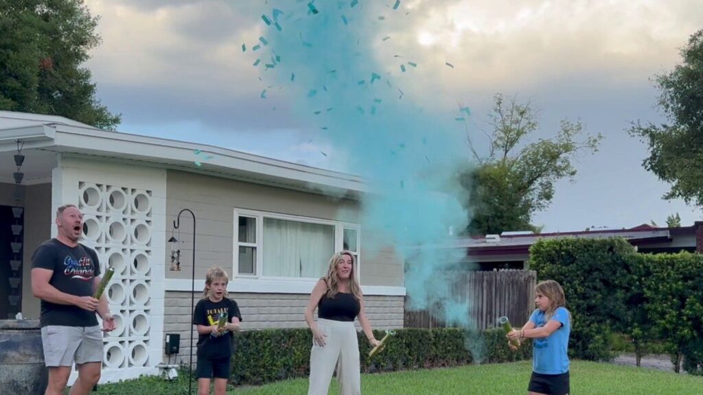Best gender reveal confetti powder canon exploding in air blue smoke