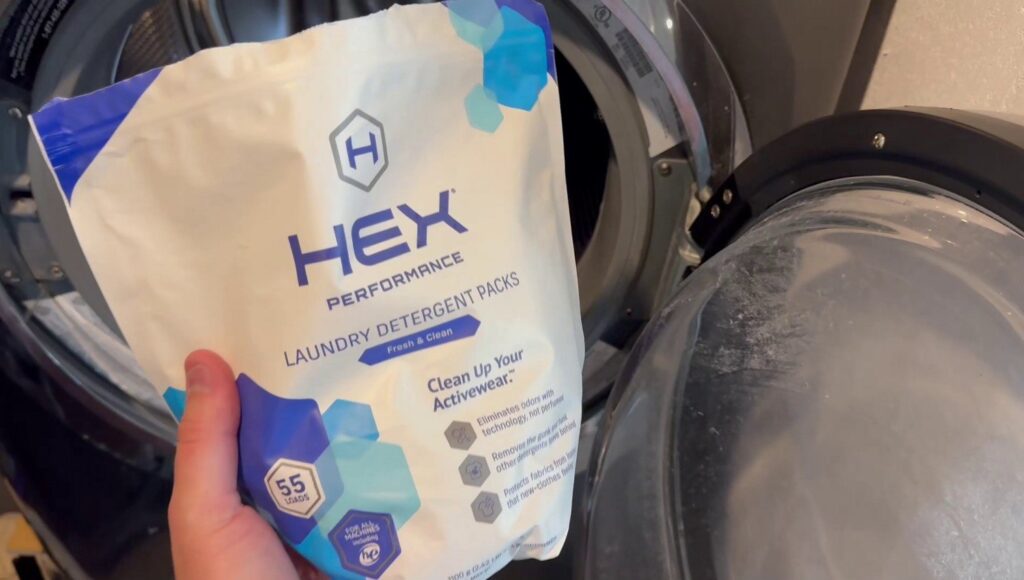 Hex Performance Laundry Detergent review - bag next to washing machine
