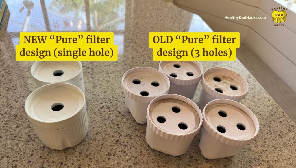 Epic Water Filters new filter design vs old has single hole instead of 3 holes