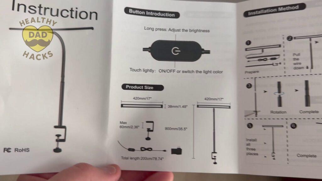Instruction manual for Best Gooseneck LED Desk Lamp, detailing setup steps, button guide, and product dimensions.
