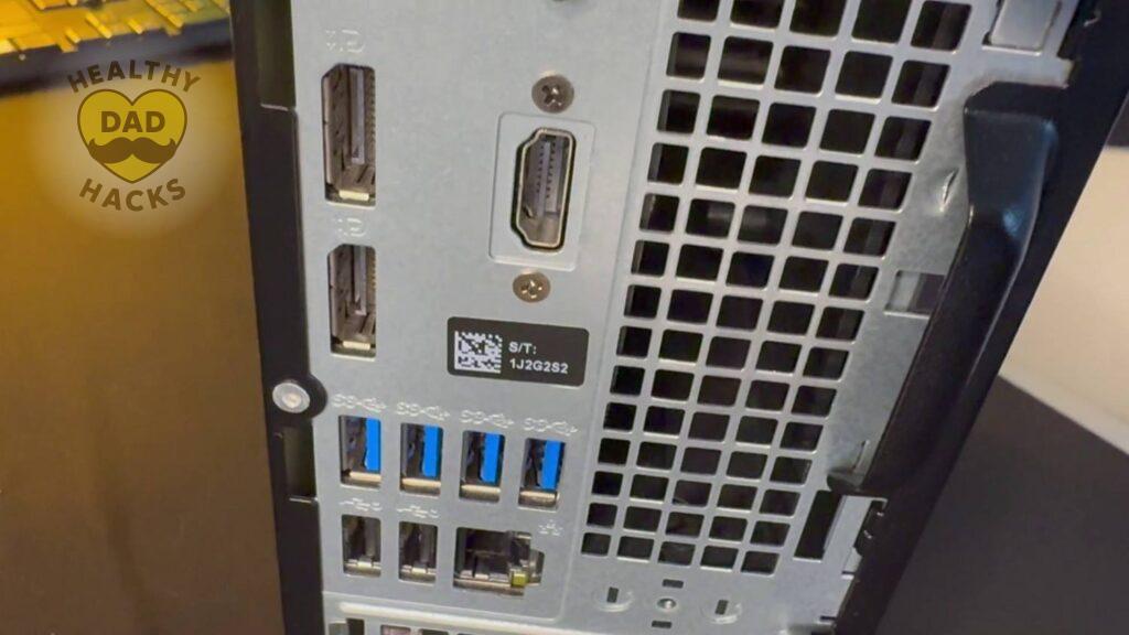 Back panel of a refurbished desktop-DELL computer Optiplex 7060 with multiple USB, HDMI, Ethernet, and display ports
