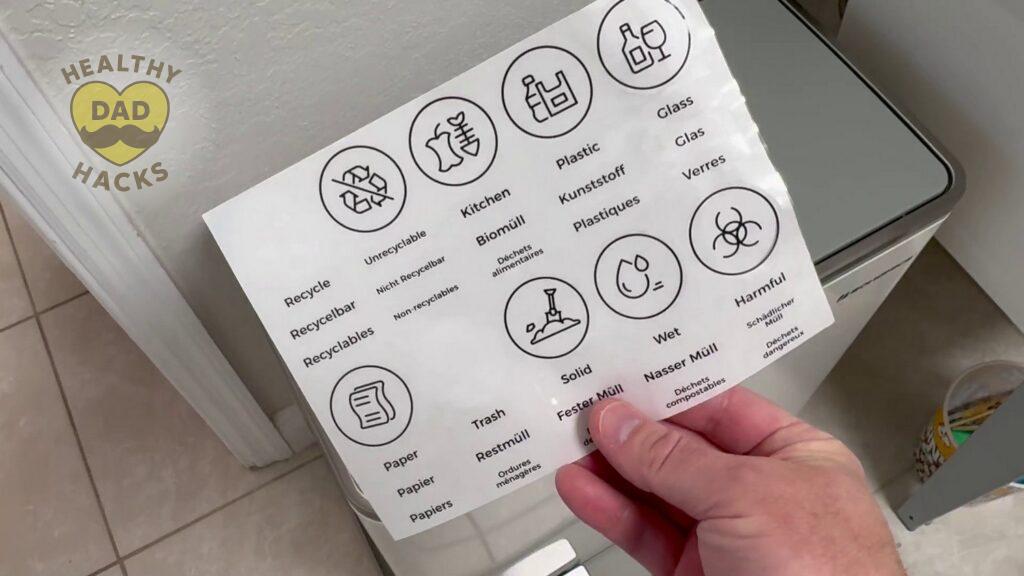 SONGMICS kitchen dual trash review - stickers for trash and recyclables