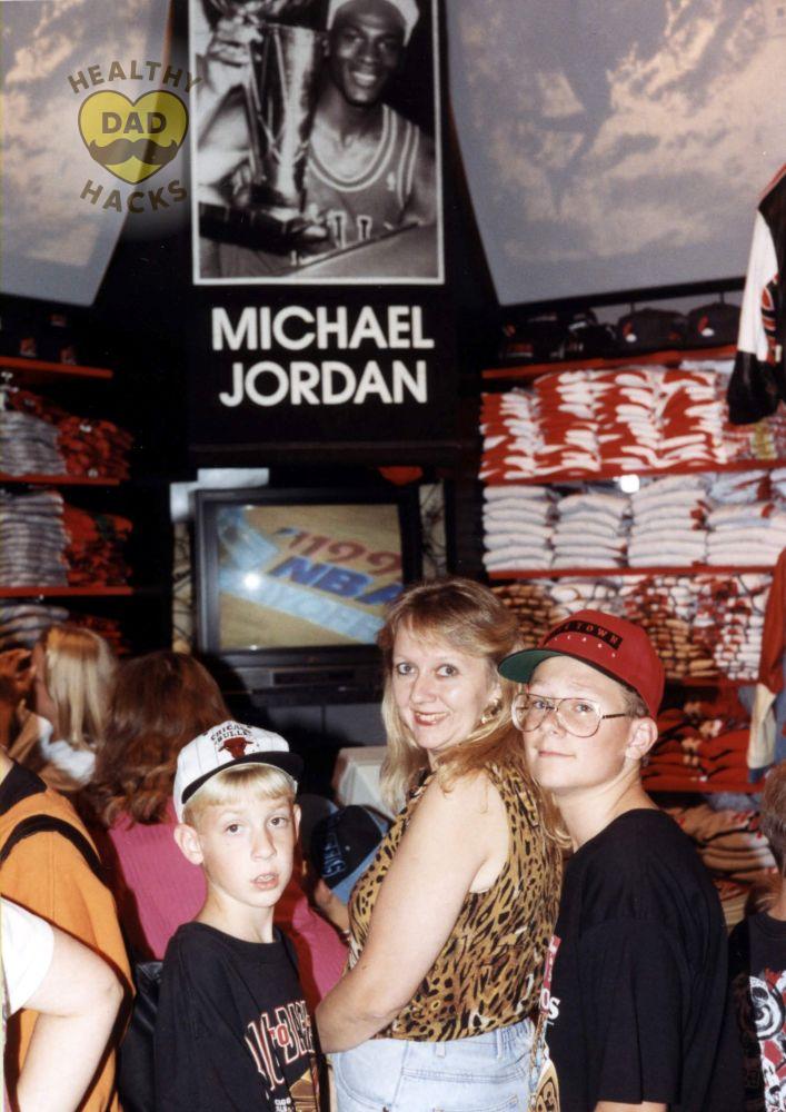Me brother and Mom in Nike Town Chicago with Jordan poster in background