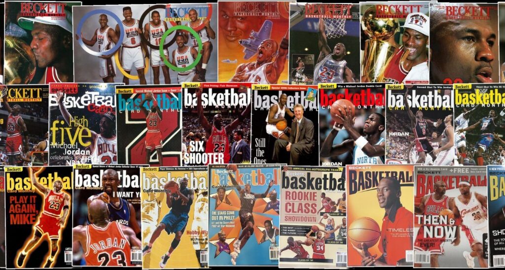 Thumbnails of 29 Beckett Basketball Magazines with Jordan on Cover